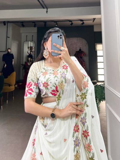 LNB 1413 WHITE DESIGNER GEORGETTE LEHENGA CHOLI WHOLESALER IN INDIA